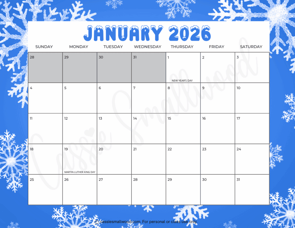 cute January 2026 calendar free printable pdf, monthly calendar 2026 design landscape horizontal