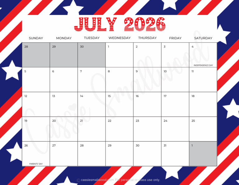 Cute Free Printable 2026 Monthly Calendar (Blank & With Holidays ...