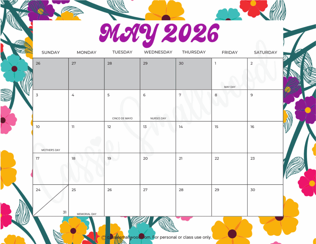simple May 2026 calendar free printable pdf, cute spring 2026 calendar horizontal