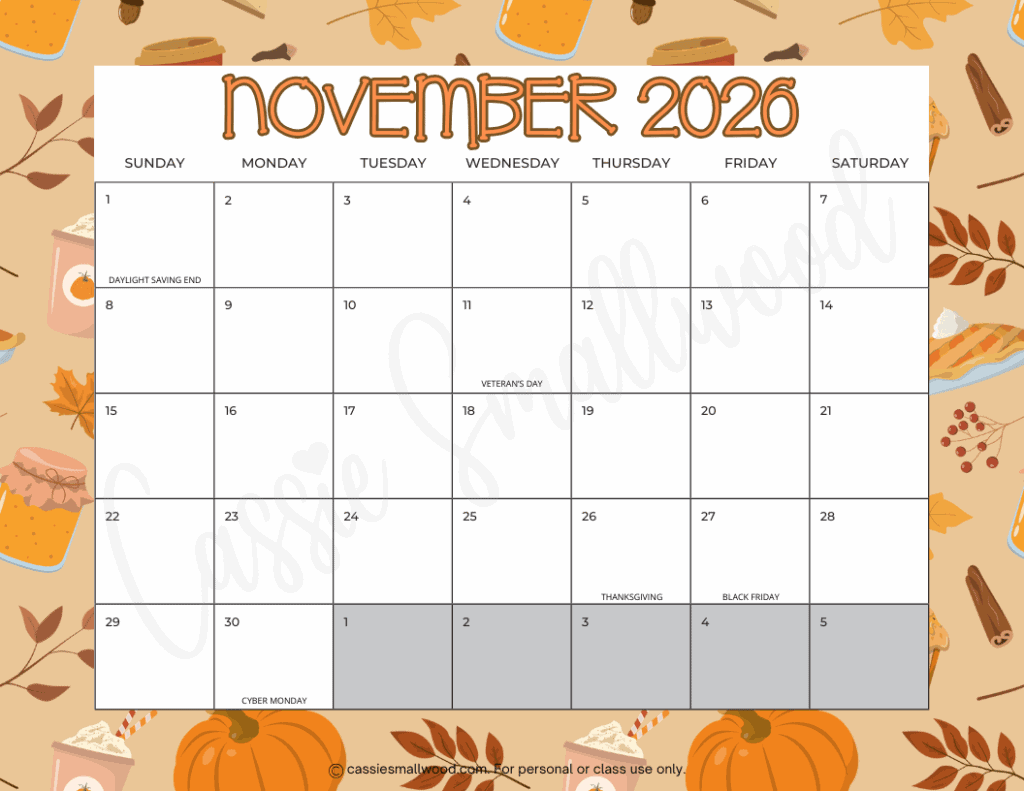 cute November 2026 calendar with holidays free printable pdf, Sunday start 2026 wall calendar big