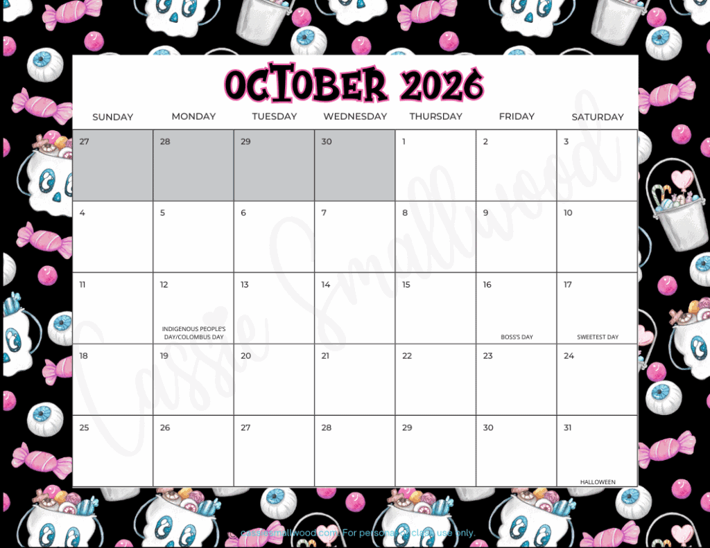 cute October 2026 calendar with holidays horizontal free printable pdf, Oct 2026 landscape wall calendar 