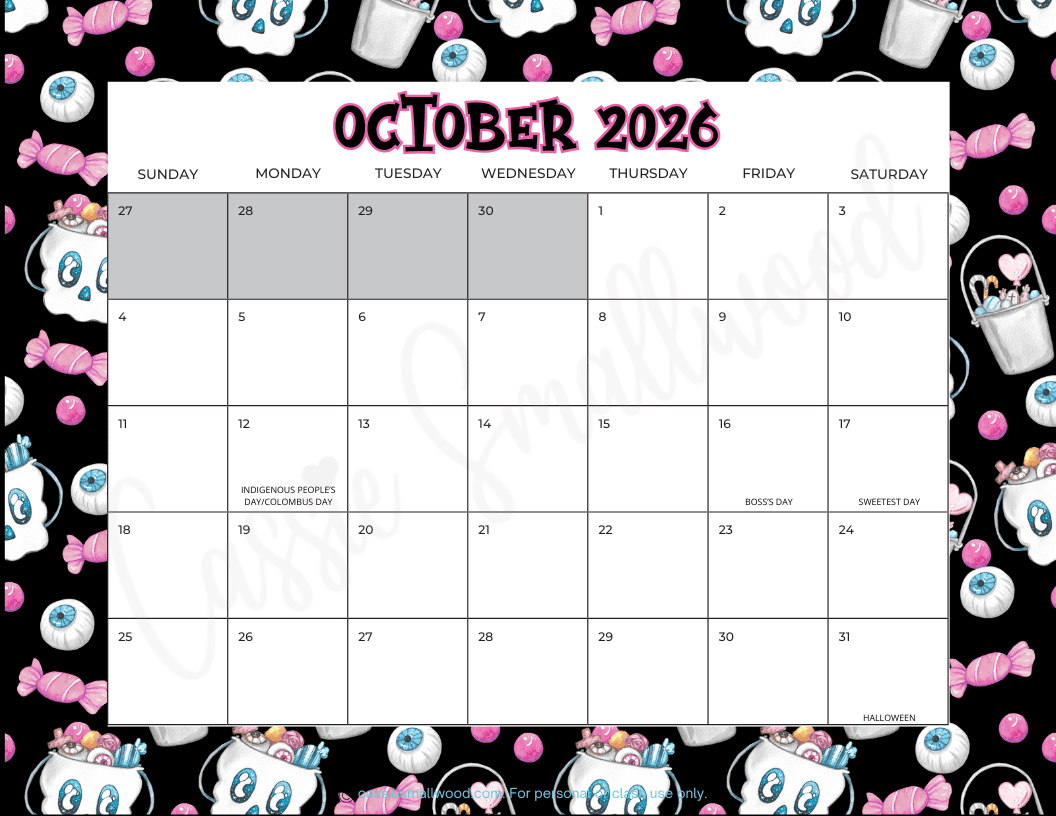 October 2026 calendar with holidays - cassie smallwood