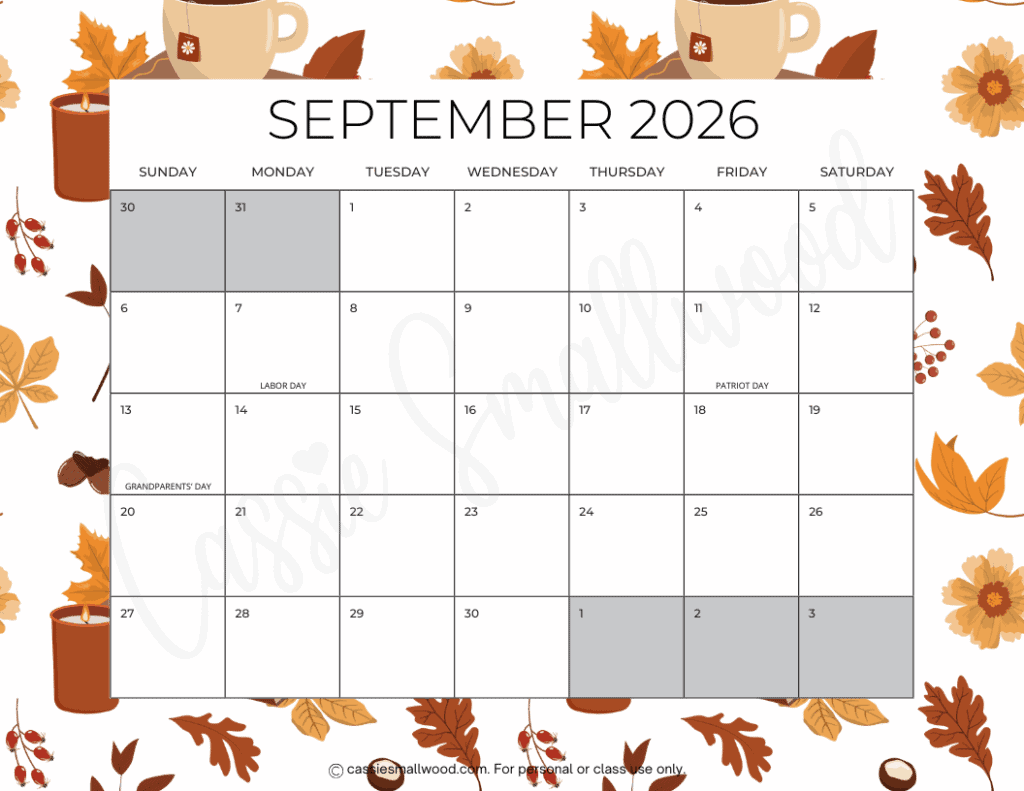 cute month of September 2026 calendar with holidays free printable pdf, landcape 2026 calendar page for school