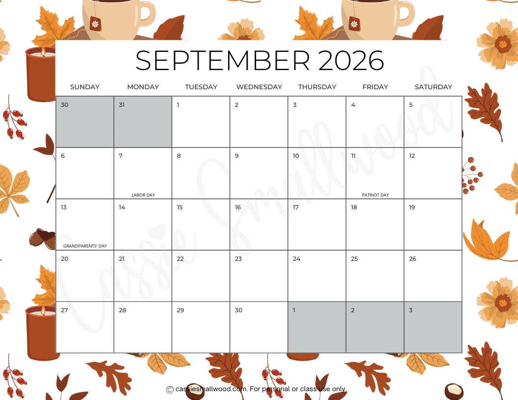 September 2026 calendar with holidays - cassie smallwood