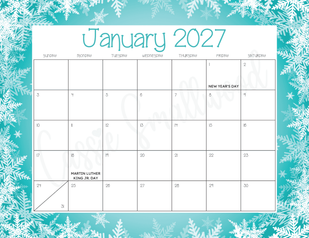 January 2027 Calendar with holidays free printable pdf