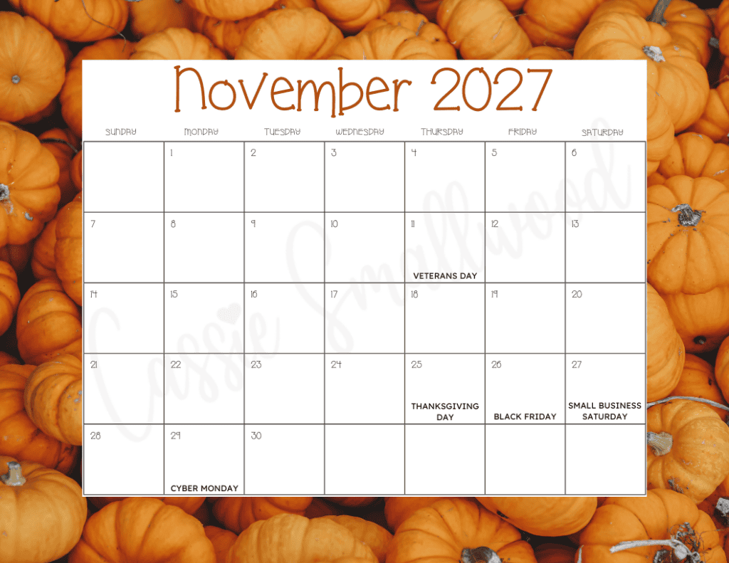 November 2027 calendar with holidays free printable pdf with mini pumpkins background