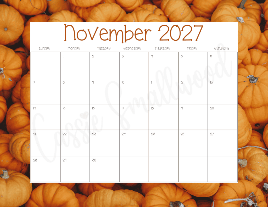 November 2027 calendar free printable pdf with mini pumpkins background