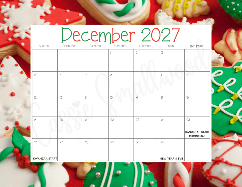 December 2027 calendar with holidays free printable pdf with Christmas cookie background