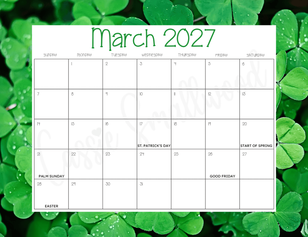 March 2027 Calendar free printable pdf with holidays shamrock background