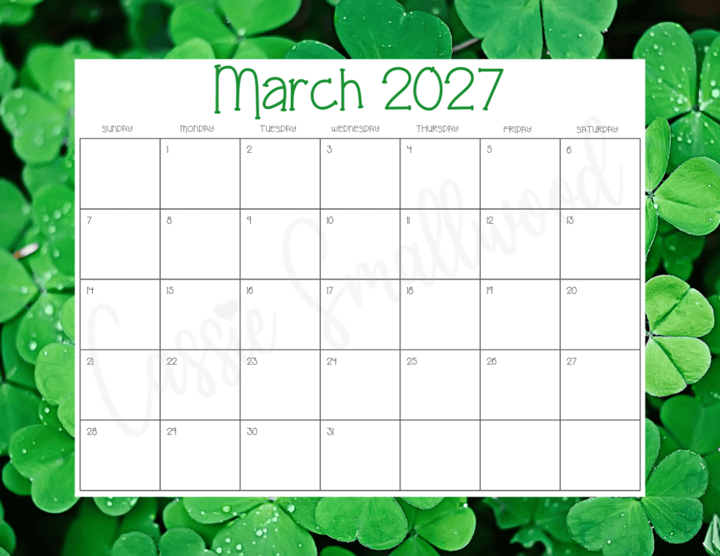 Blank march 2027 calendar free printable with shamrock background