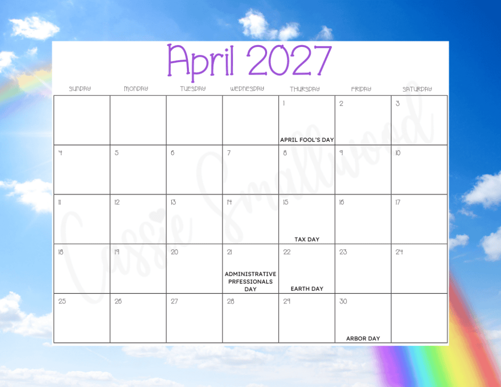 April 2027 calendar free printable pdf with holidays and rainbow and clouds background