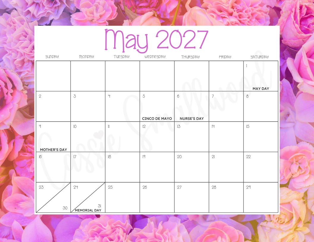 Free printable May 2027 calendar with holidays pdf - Cassie Smallwood