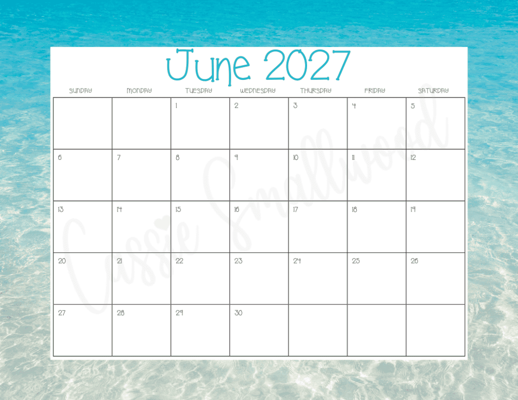 free printable June 2027 calendar pdf with ocean water and sand background