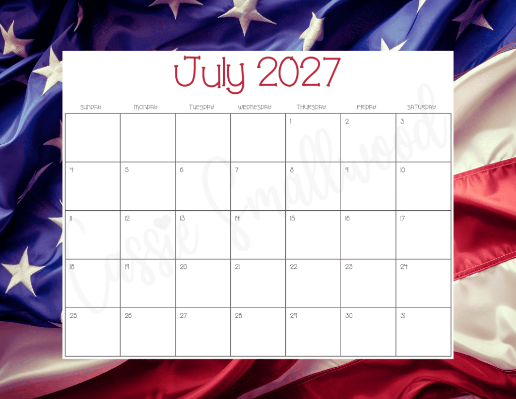 July 2027 calendar free printable pdf with American flag background