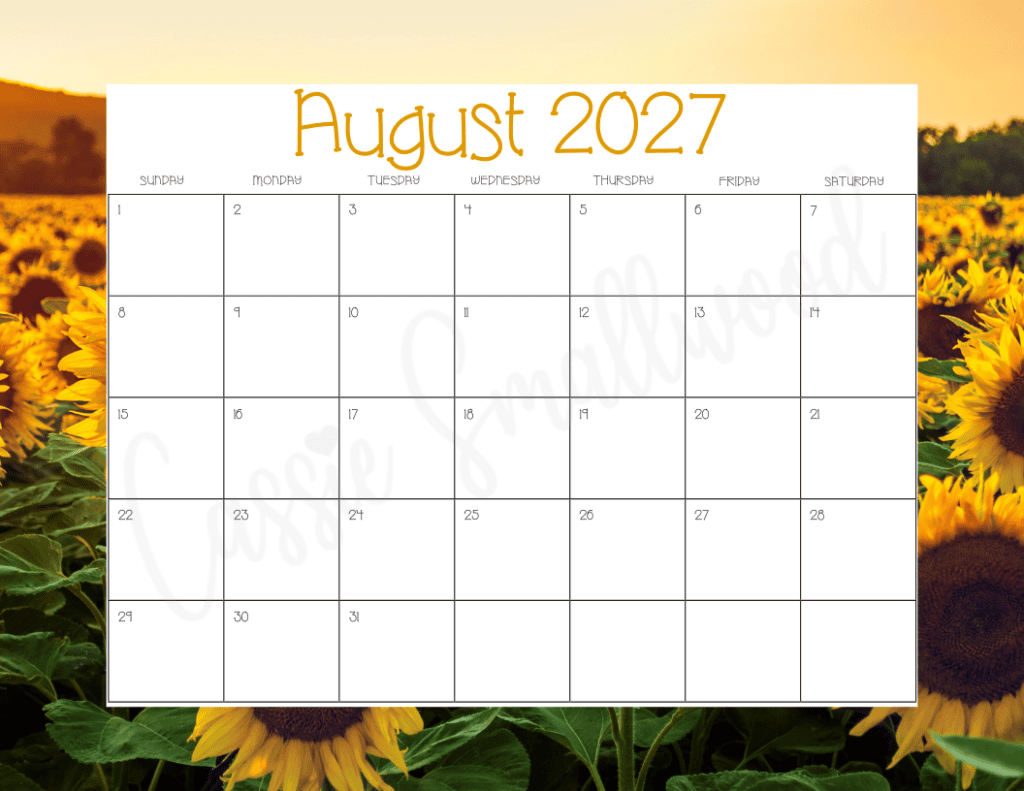 August 2027 calendar free printable pdf with sunflower background