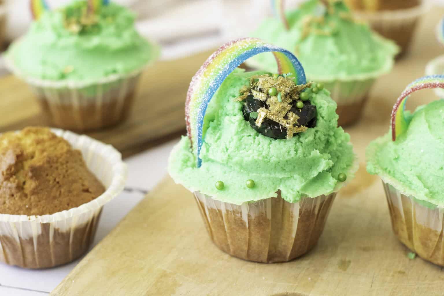 St. Patrick's Day cupcakes recipe with green frosting, rainbow and pot of gold