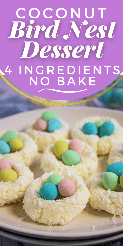 easy coconut bird nest dessert with white chocolate and chocolate eggs