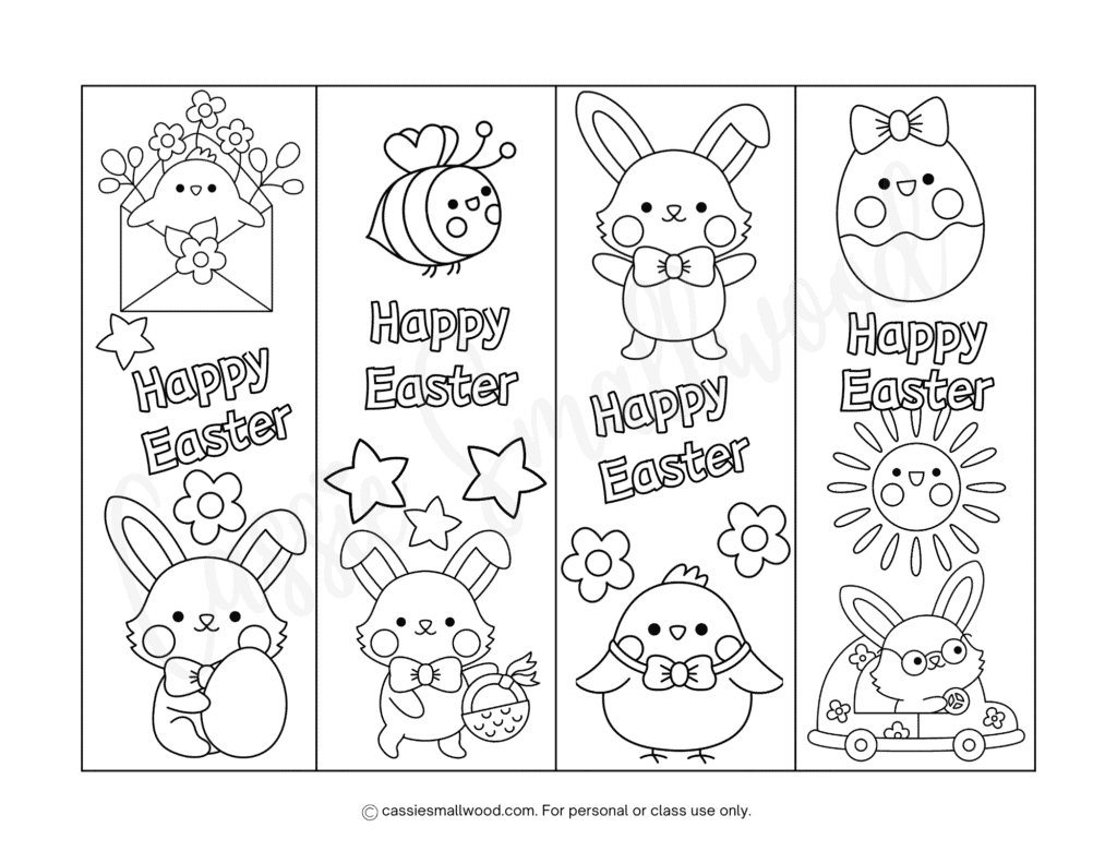 Cute Easter bookmarks to color for kids, Happy Easter coloring bookmarks with bunnies and chicks for spring