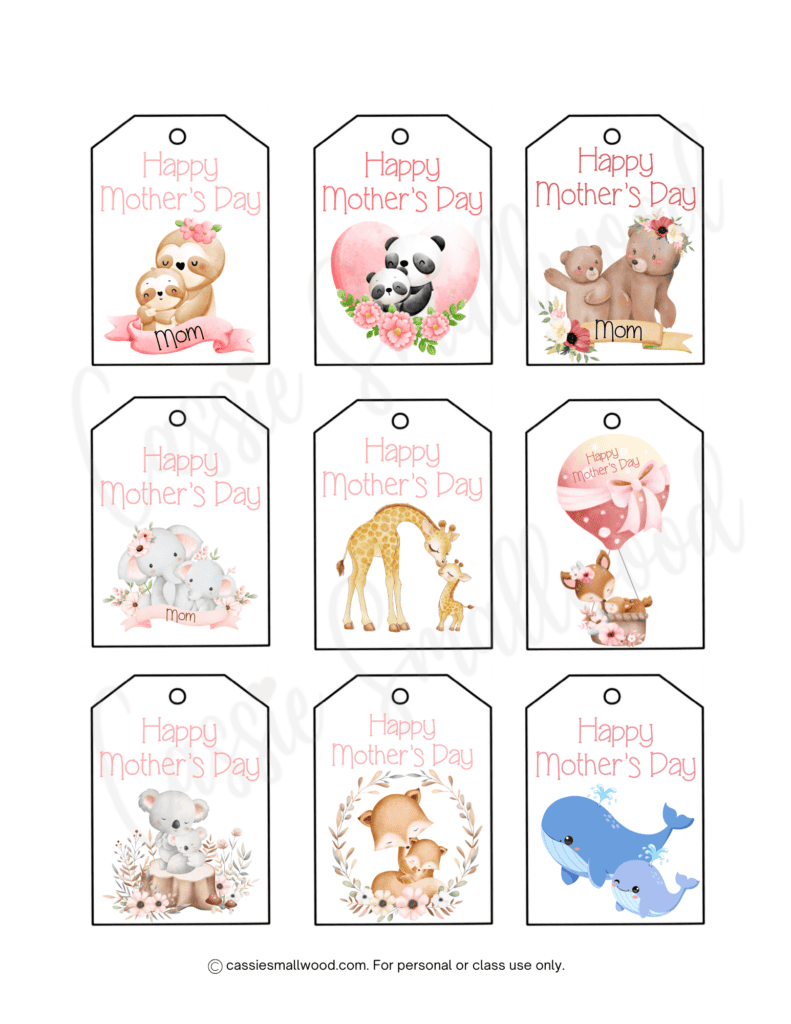 free printable Mother's Day tags with mom and baby animals pdf