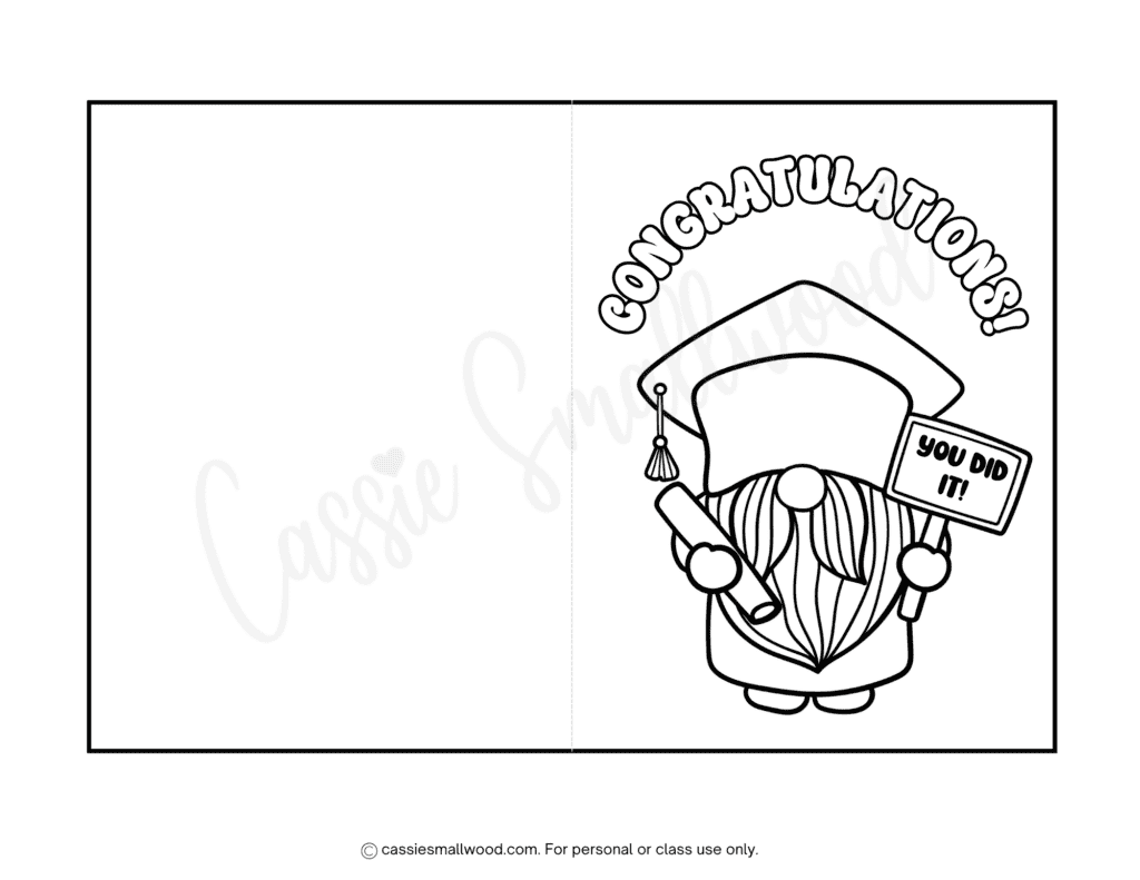 free printable graduation coloring card pdf with gnome graduate