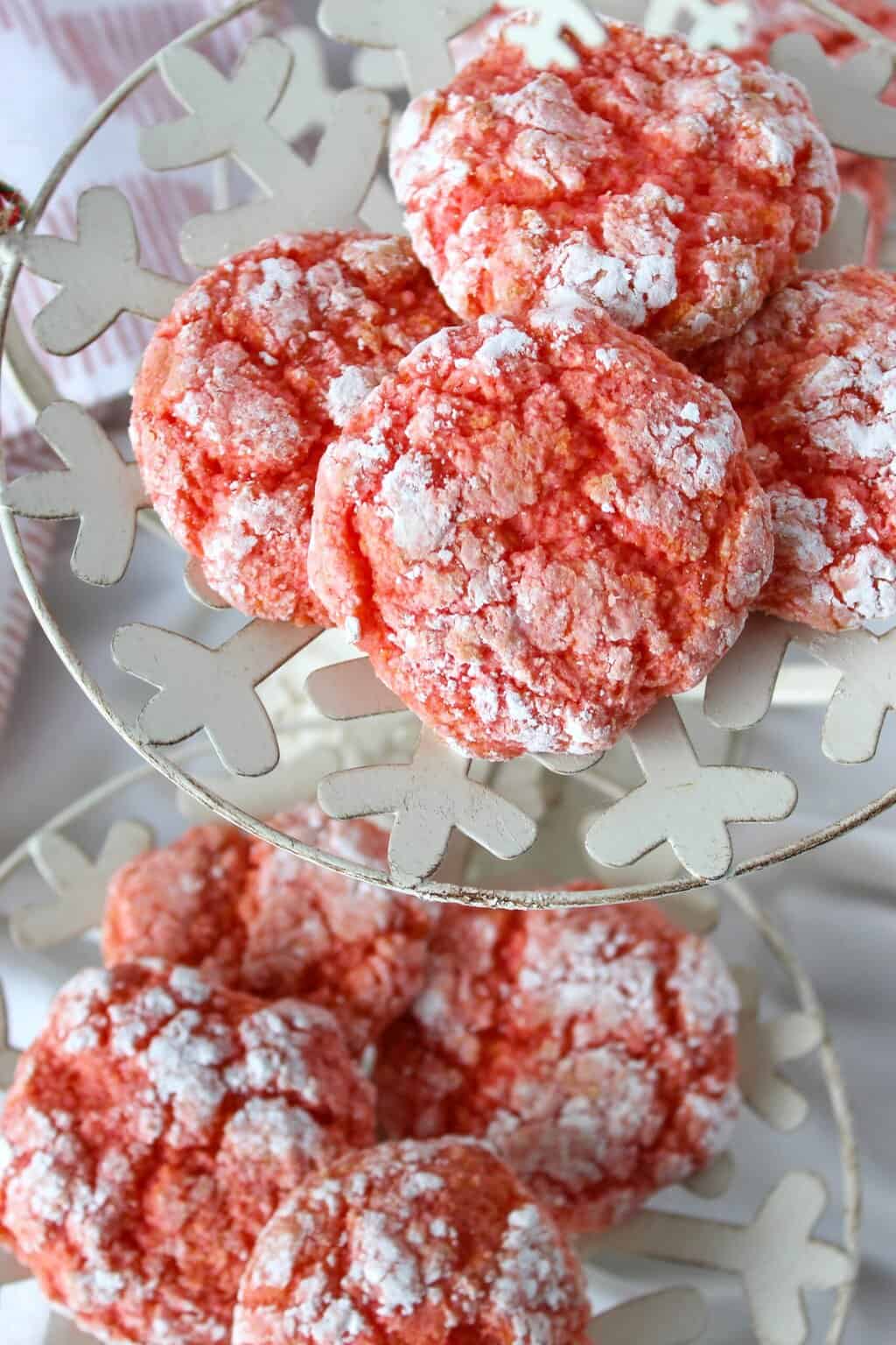 Strawberry crinkle cookies made with cake mix and cool whip