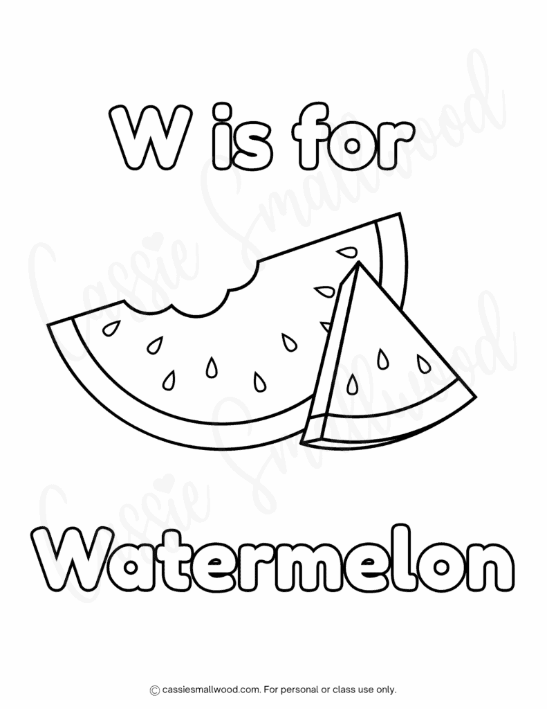 Watermelon slice coloring page free printable pdf, W is for watermelon coloring worksheet