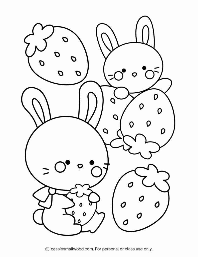 bunnies strawberry coloring sheet free printable pdf, bunny coloring page, spring coloring sheet, Easter coloring page preschool