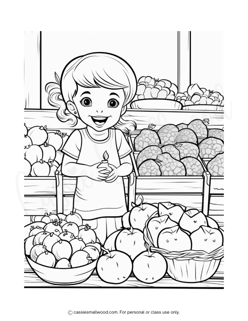 farmers market coloring page free printable pdf, fruit coloring sheet for kids