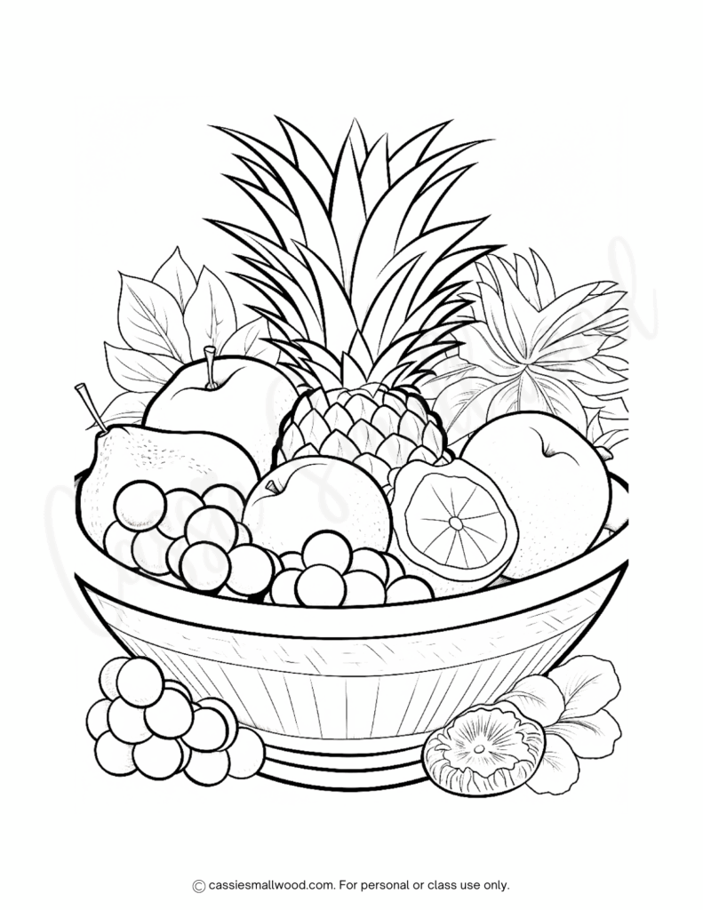 fruit bowl coloring page free printable pdf, fruit coloring sheet