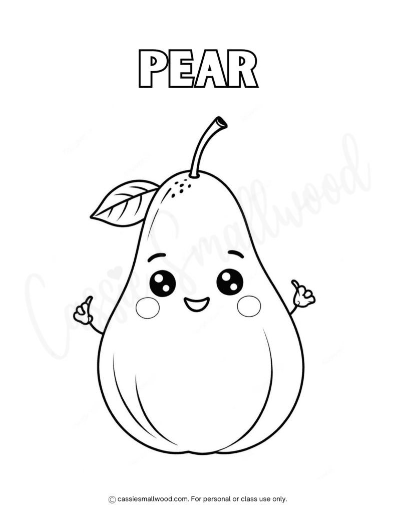 kawaii pear coloring page free printable pdf, fruit pictures to color for kids