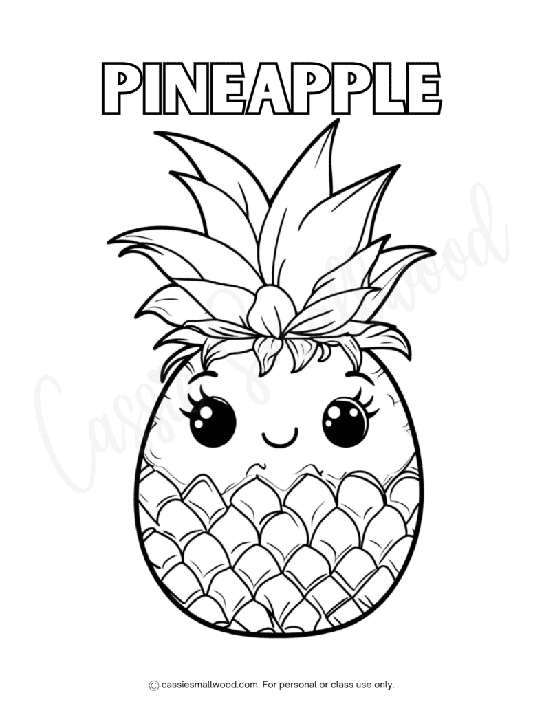 kawaii pineapple coloring page free printable pdf, fruit coloring sheet to print for free, kawaii food coloring sheets