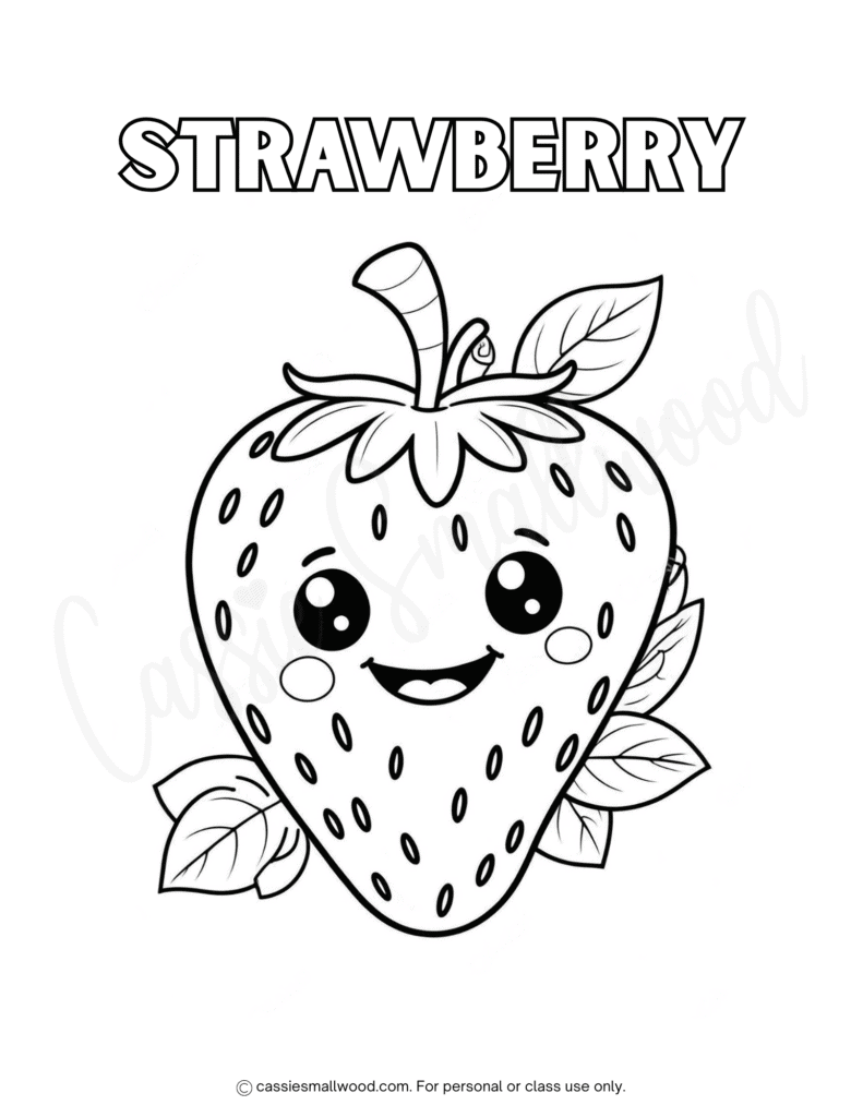 kawaii strawberry coloring page free printable pdf, fruit coloring sheet