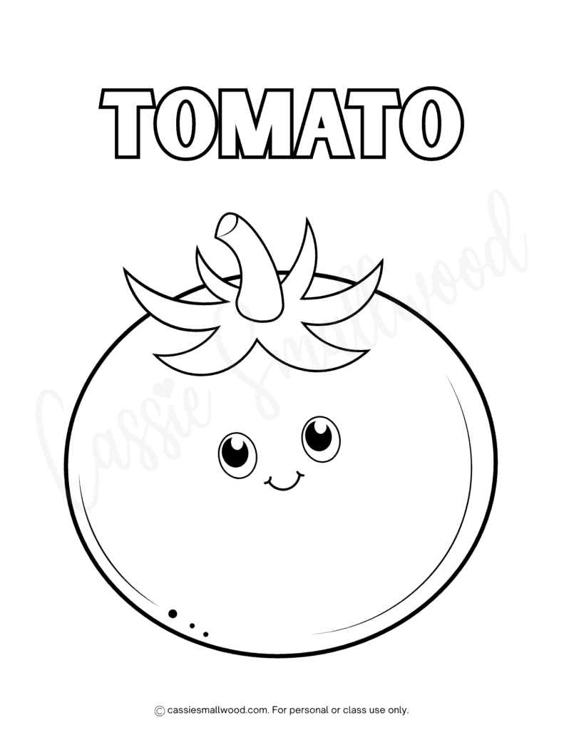 kawaii tomato coloring page free printable pdf, fruit coloring sheets for kids, kawaii food coloring pages