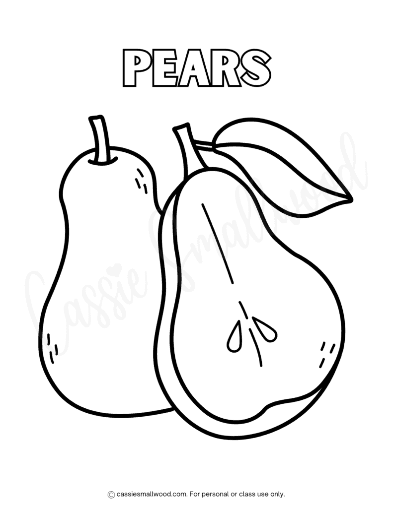 pear coloring page free printable pdf, easy fruit coloring pictures for kids
