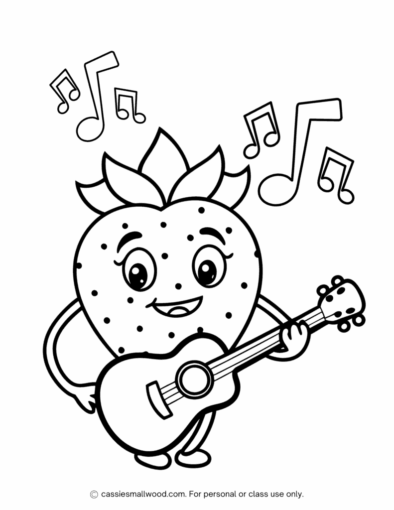 singing strawberry coloring page free printable pdf, music coloring pages, guitar coloring page