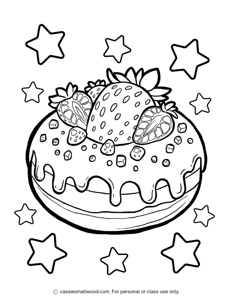 strawberry donut coloring page free printable pdf, cute food coloring pages