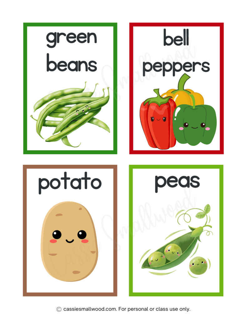 free printable veggie flash cards pdf, kindergarten vegetable flashcards, green beans flashcard, bell pepper flashcard, potato flashcard, peas flashcard