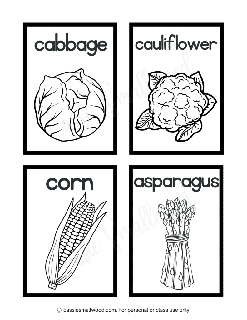 vegetable flashcards coloring page free printable pdf, veggies coloring sheet, cabbage flashcard, cauliflower flashcard, corn flashcard, asparagus flashcard
