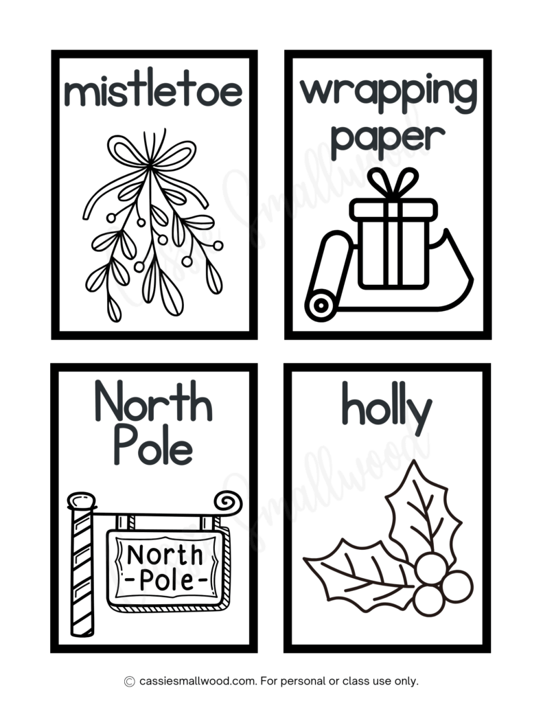 Christmas flash cards coloring page free printable pdf, mistletoe flash card, wrapping paper flash card, North Pole flash card, holly flash card Xmas coloring sheet