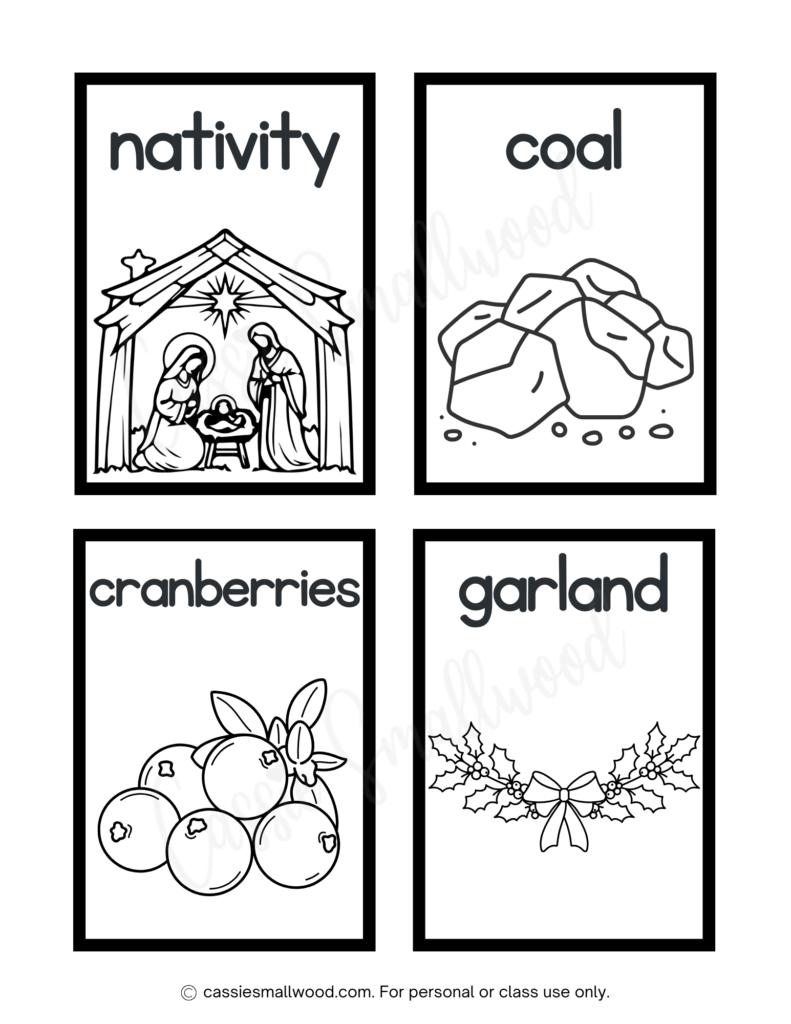 Christmas flash cards for toddlers to color free printable pdf, nativity flash card, coal flash card, cranberries flash card, garland flash card easy Xmas coloring page for toddlers