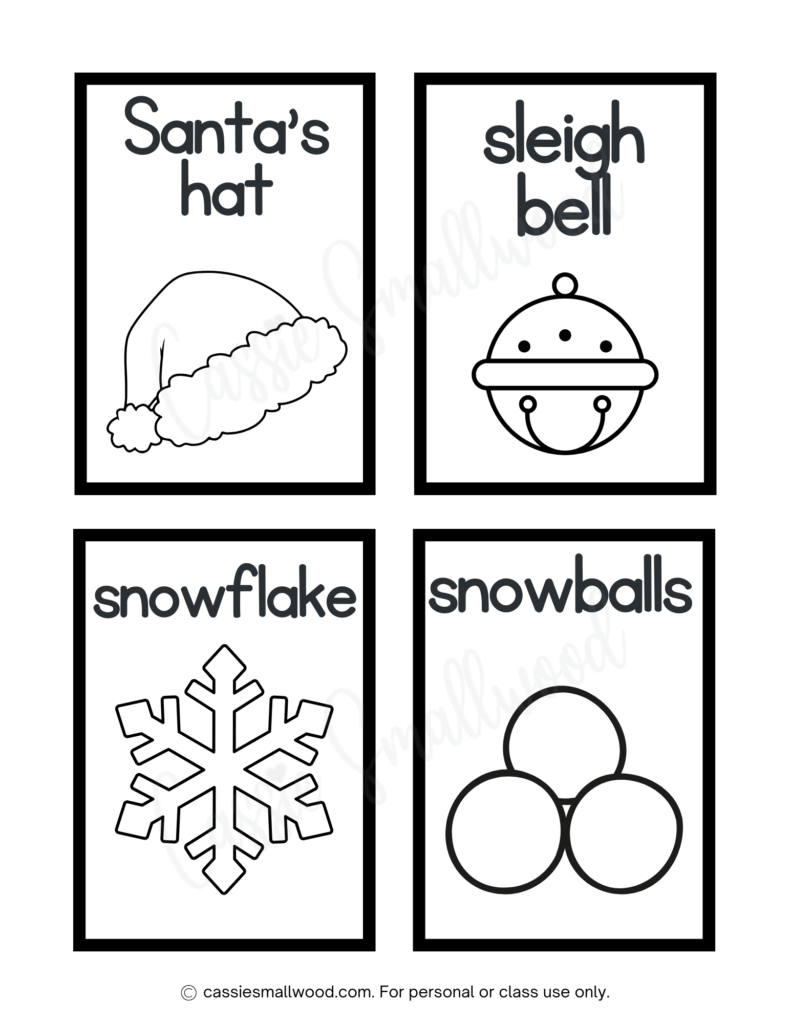 Christmas flash cards preschool free printable pdf, Santa's hat flash card, sleigh bell flash card, snowflake flash card, snowballs flashcard Xmas coloring sheet