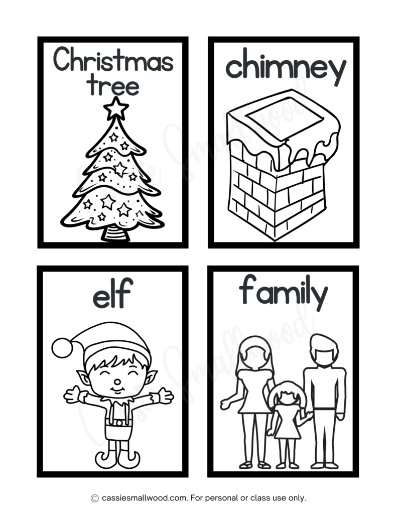 Christmas flash cards to color free printable pdf, Christmas tree flash card, chimney flash card, elf flash card, family flash card Xmas coloring sheet