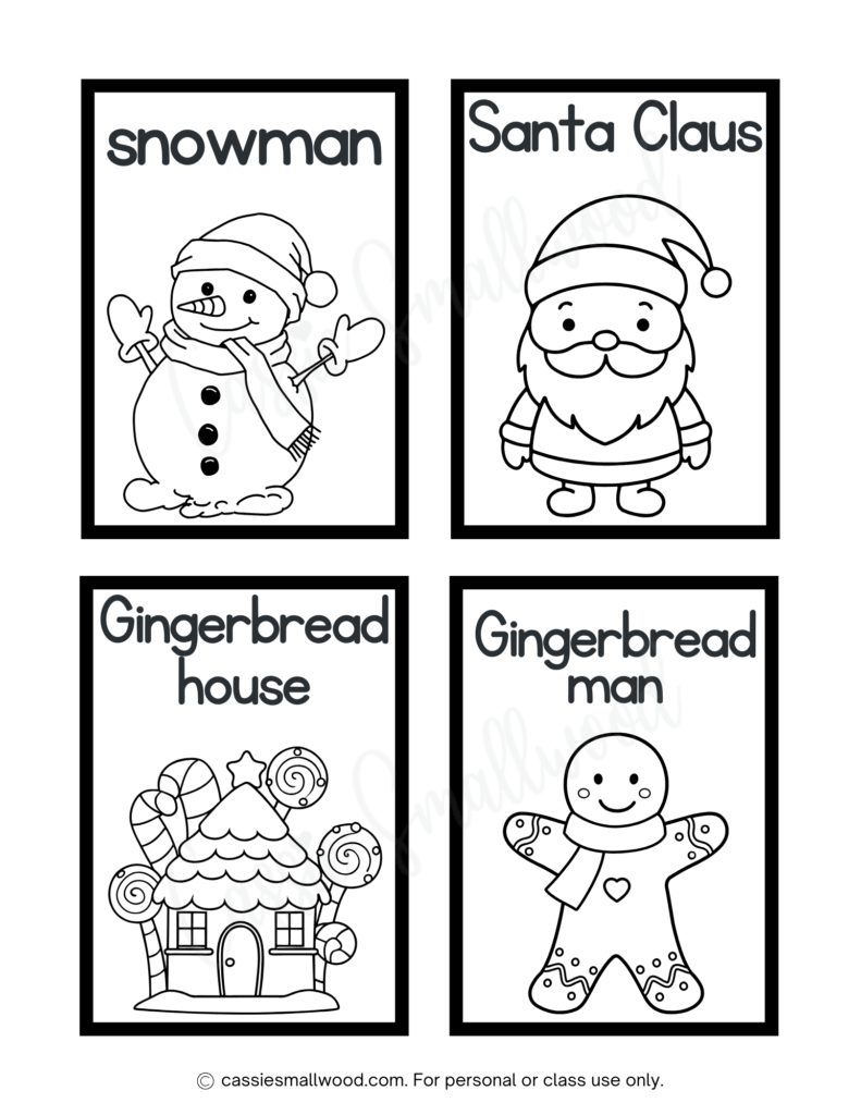 Christmas flashcards coloring page free printable pdf, snowman flash card, Santa Claus flash card, gingerbread house flash card, gingerbread man flash card Xmas pictures to color preschool