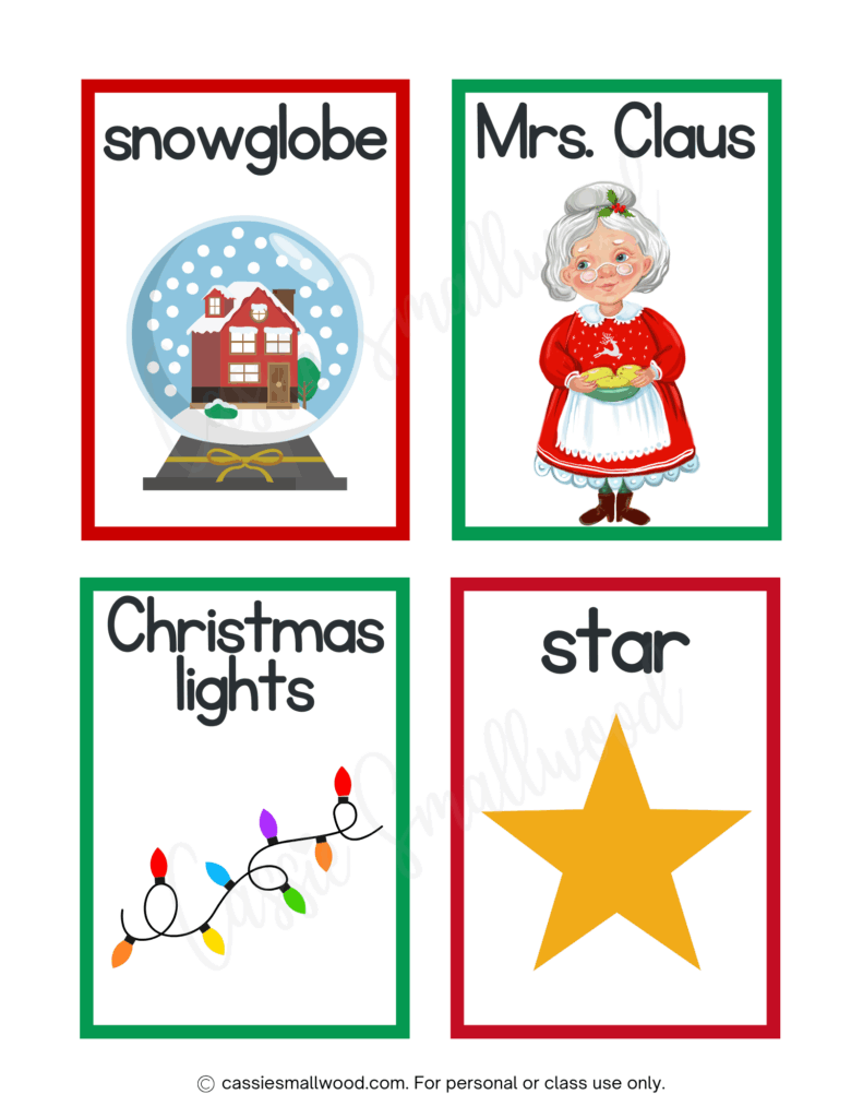 Christmas flashcards for kids free printable pdf, snowglobe flashcard, Mrs. Claus flashcard, Christmas lights flashcard, star flashcard