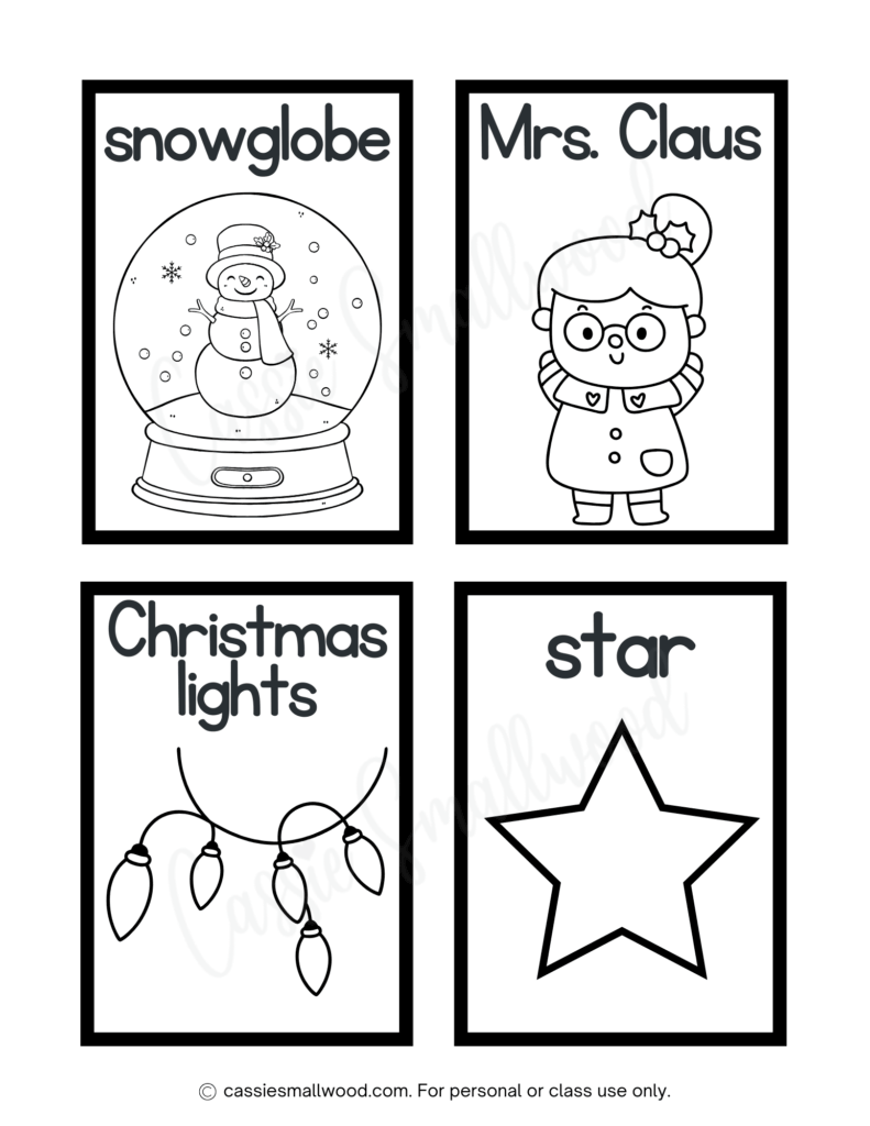 Christmas flashcards for kids to color free printable pdf, snowglobe flash card, Mrs. Claus flash card, Christmas lights flash card, star flash card easy Xmas coloring sheet for kids