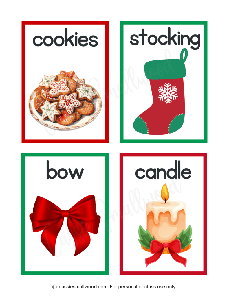 Christmas flashcards for preschoolers free printable pdf, cookies flashcard, stocking flashcard, bow flashcard, candle flashcard