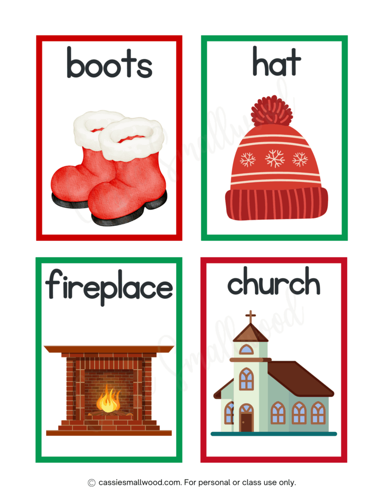 Christmas flashcards for toddlers free printable pdf, boots flashcard, hat flashcard, fireplace flashcard, church flashcard