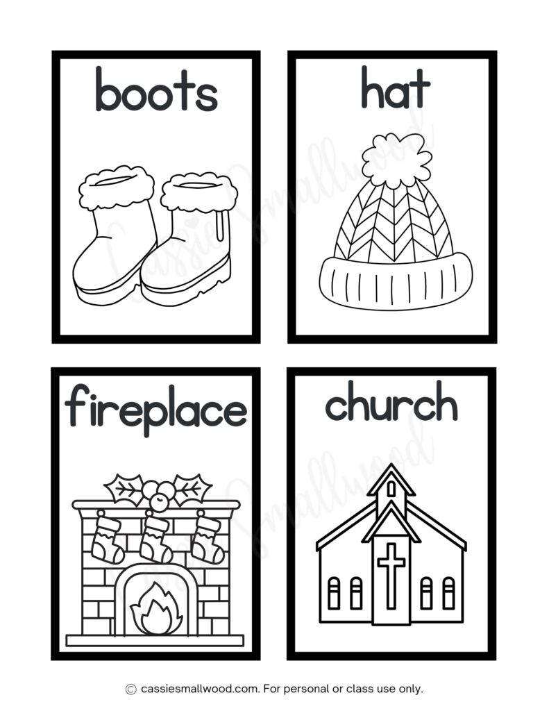 Christmas flashcards kindergarten coloring page free printable pdf, boots flash card, hat flash card, fireplace flash card, church flash card