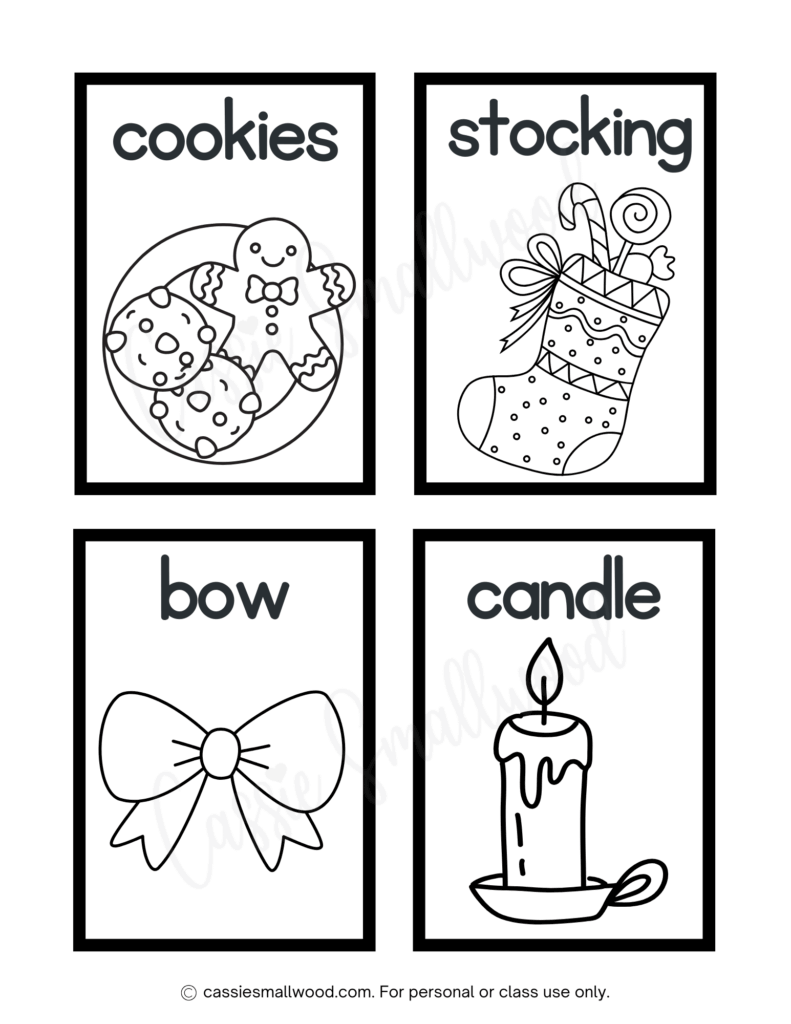 Christmas flashcards for toddlers to color free printable pdf, cookies flash card, stocking flash card, bow flash card, candle flash card Xmas coloring sheets