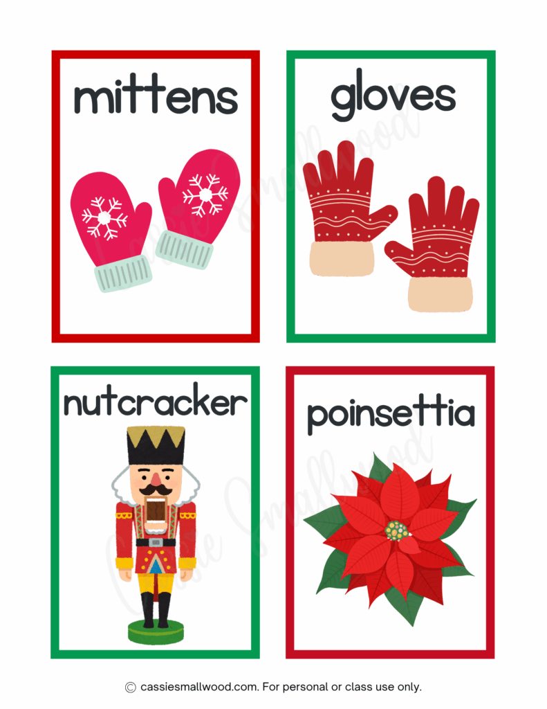 Christmas themed flashcards free printable pdf, mittens flashcard, gloves flashcard, nutcracker flashcard, poinsettia flashcard